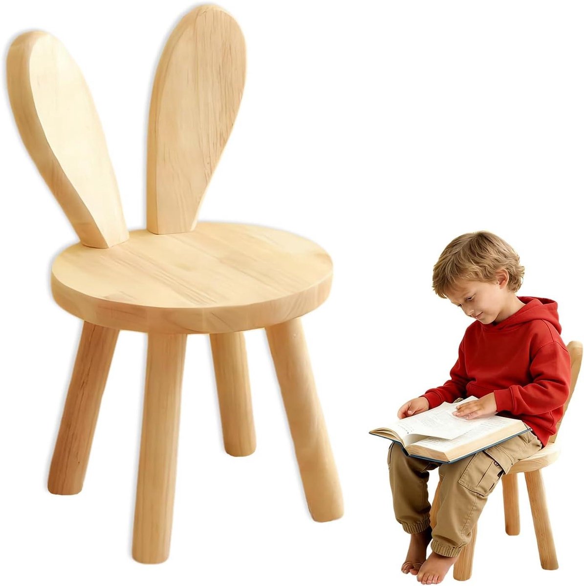 Kinderstoel Hout - Kinderkrukje Peuterstoel - Eten Spelen Lezen - Konijnenoren Design - 45 x 26 cm - Natuurlijk Hout