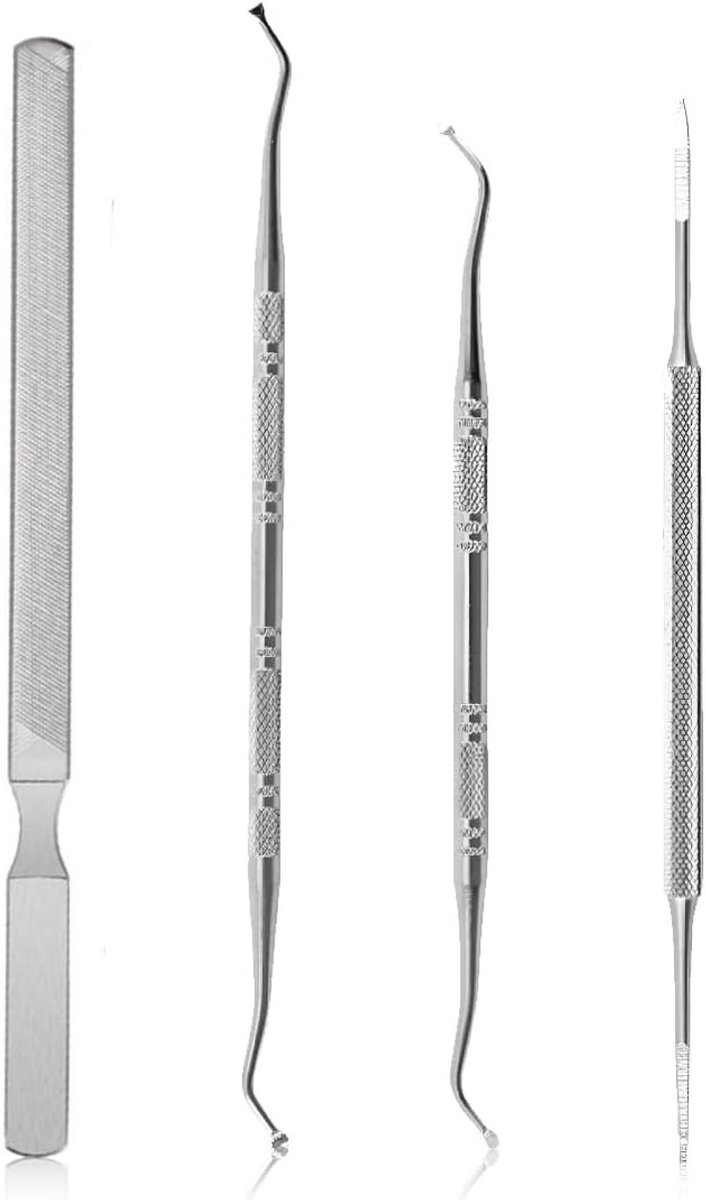 Set van 4 lange staalvijlen voor onychomycose, ingegroeide nagels en schimmelnagels met dubbele nagelverhoger, ideaal voor manicure en pedicure verzorging