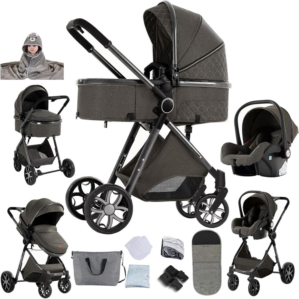 3-in-1 Kinderwagen - Babywagen Reiswieg - Veilig Vervoeren - Omkeerbare Duwstang - 82 x 61 x 105 cm - Donkergrijs