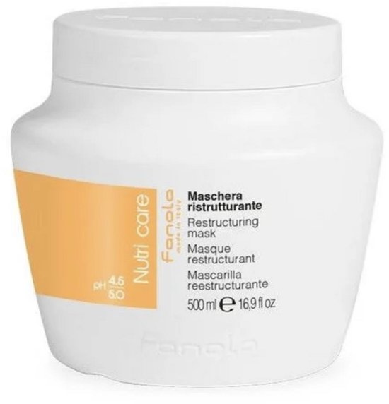 Fanola Nutri Care masker, witte pot met oranje label met tekst "Nutri care" en productinformatie.