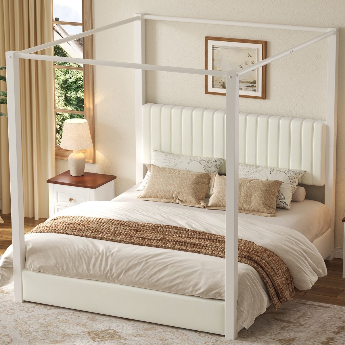 Wishdor Hemelbed 180x200 cm - Gestoffeerd hoofdbord - Metalen frame - Modern - beige/wit - 206 x 181 x 198 cm