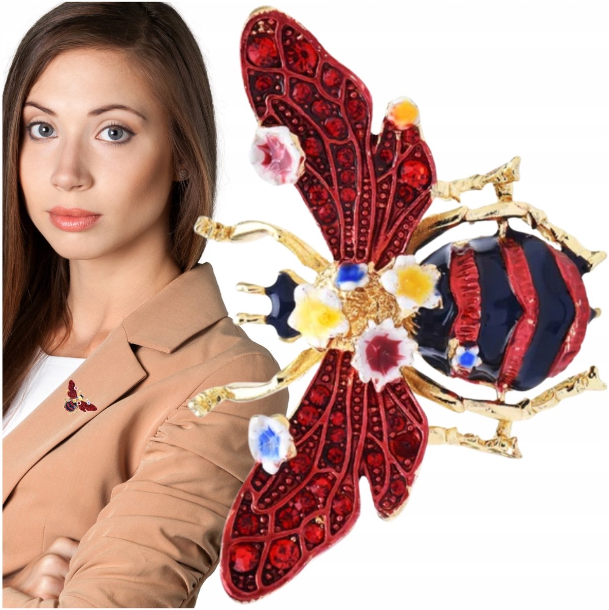 Gouden geëmailleerde bijenbroche met zirkonia's en bloemen