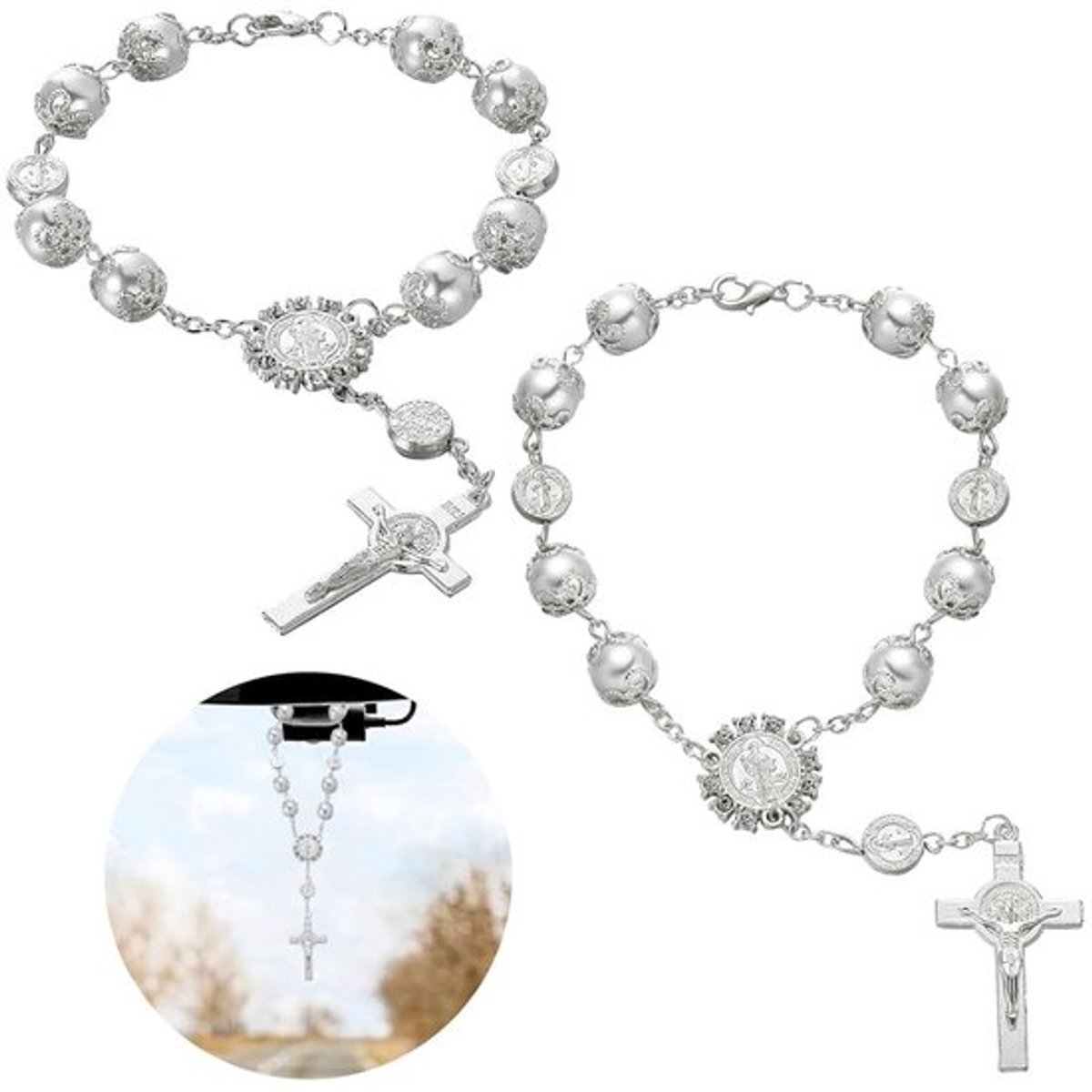 Autospiegelhanger 2 Stuks - Auto Decoratie - Rozenkrans - Crucifix - Kralen - Vintage Kleuren - Hoogwaardige Afwerking - Autodecoratie