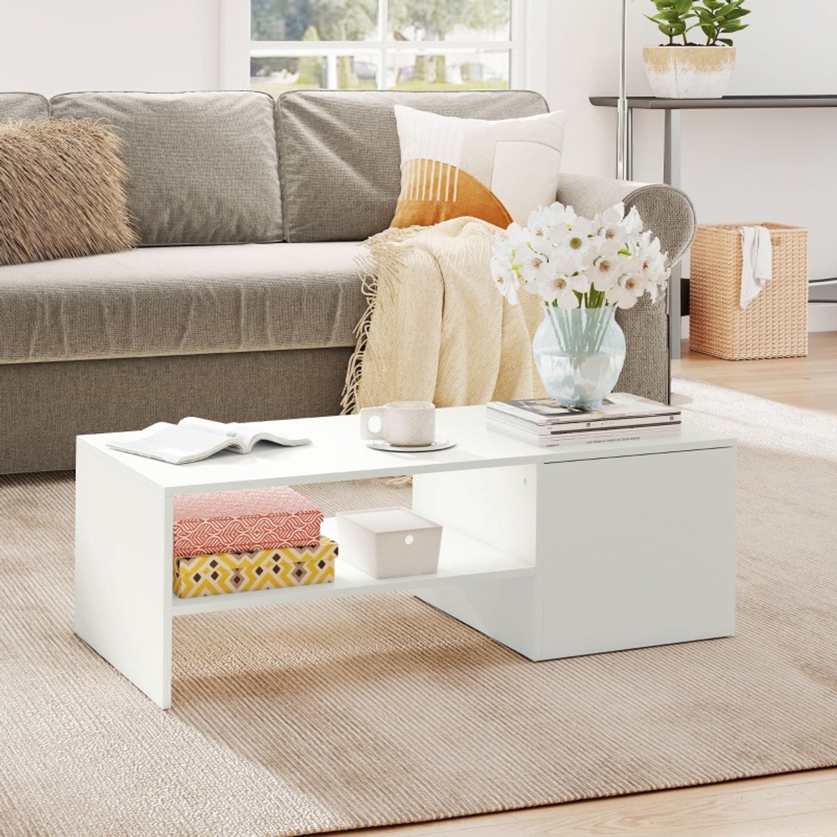 DESMIU Salontafel Verstelbaar Met Metalen Rails En Opbergruimte Moderne Woonkamertafel Van Spaanplaat Wit 110x52x36 Cm