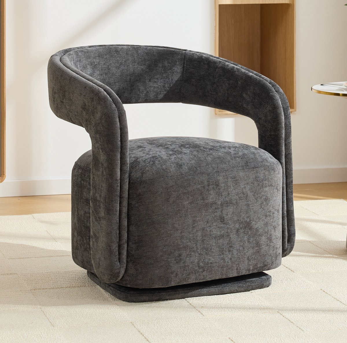 Wishdor Draaifauteuil 360° draaibaar - Tonvormig design - Chenille - Donkergrijs - 70 x 65,5 x 74 cm