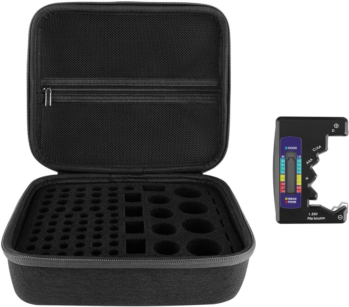Batterijtester - Zwart - 22,4 x 20 x 8,3 cm - Harde Batterijopbergdoos met EVA Materiaal - Voor Diverse Batterijformaten