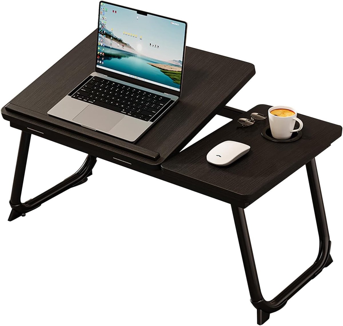 Bedtafeltje voor op bed - Grijs - 56 x 33 x 24 cm - Inklapbaar Aluminium Laptoptafeltje met Bekerhouder - Voor Werken en Ontspannen