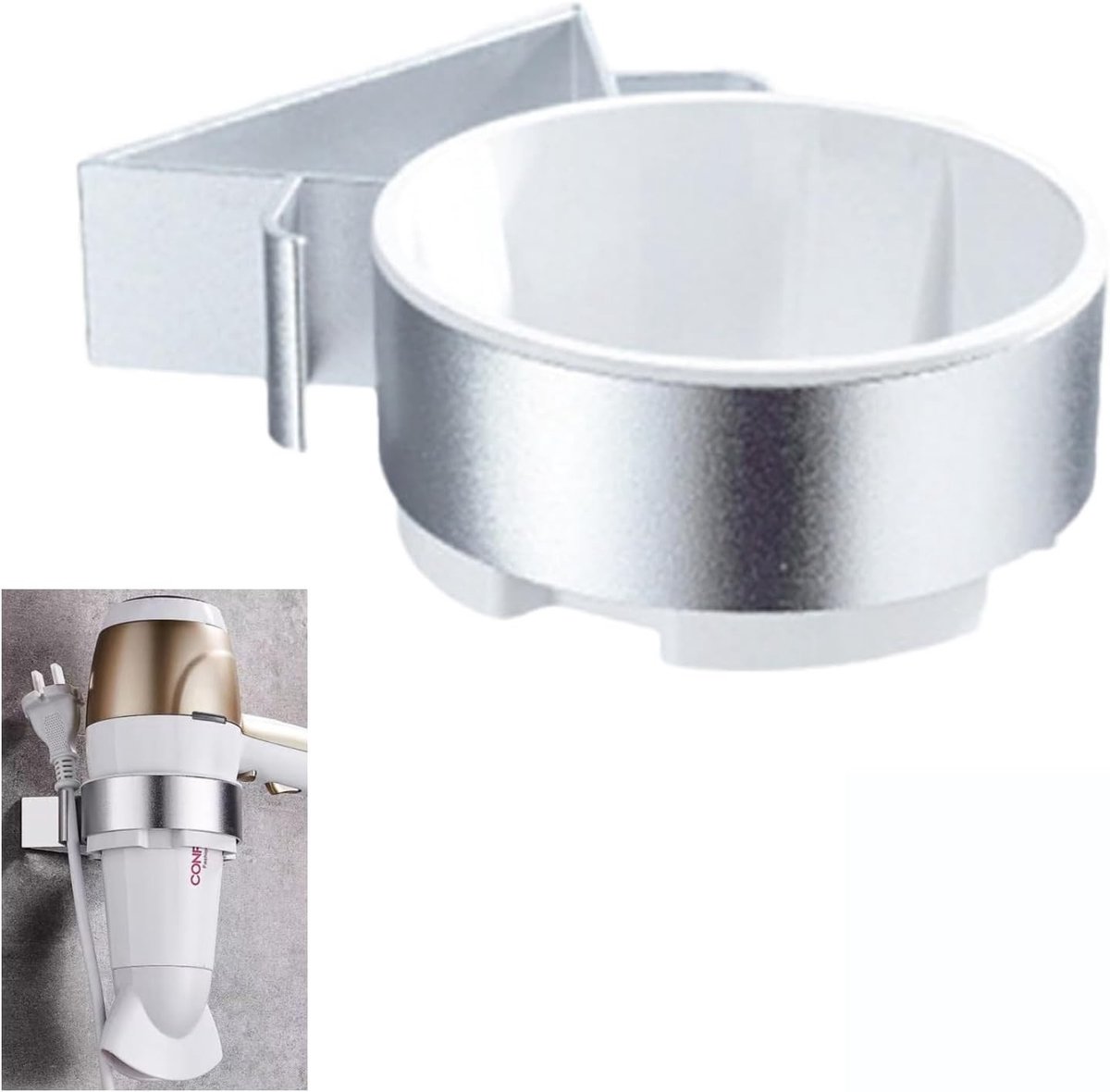 Aluminium föhnhouder - Zilver - 8,8 x 4 x 12 cm - Aluminiumlegering Föhnhouder met Zelfklevende Bevestiging - Voor Badkamer en Hotel