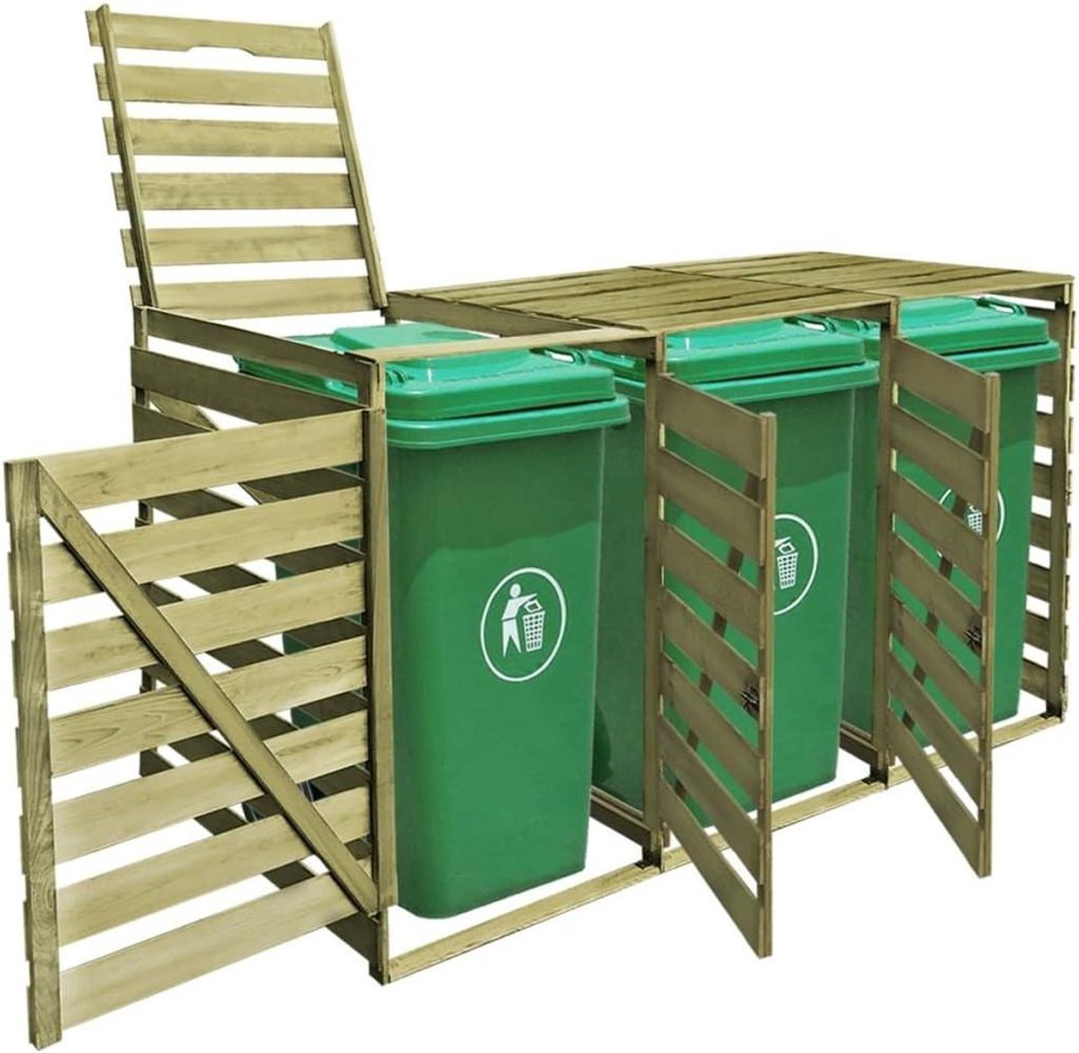 Afvalcontainerbox Hout - Vuilnisbak Omkasting - Tuin Opbergen - Groen Geïmpregneerd - 3 x 240 Liter - Groen