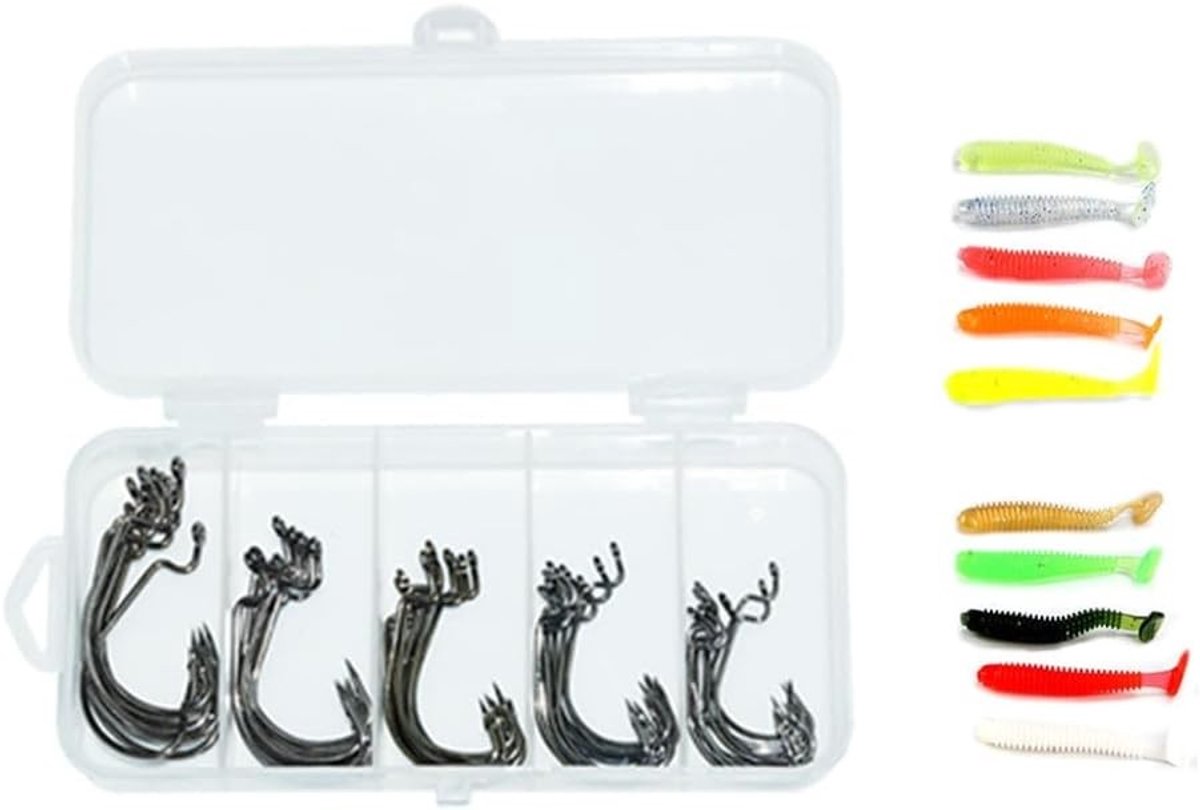 50 Stuks Vissen Haken Set met 10 Stuks Zachte Aas en Plastic Doos - Vissport Accessoires voor Zoet en Zout Water