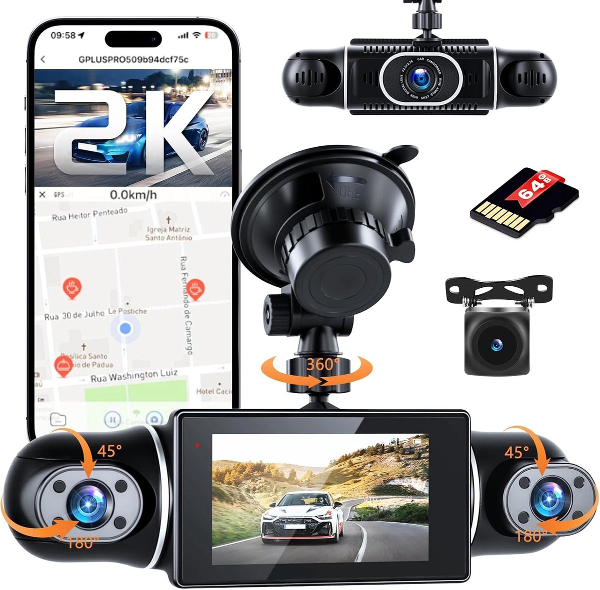 Dashcam voor auto - Zwart - 3 inch IPS-scherm - 4 Camera's met 360° Panorama en Nachtzicht - Met GPS en Wifi