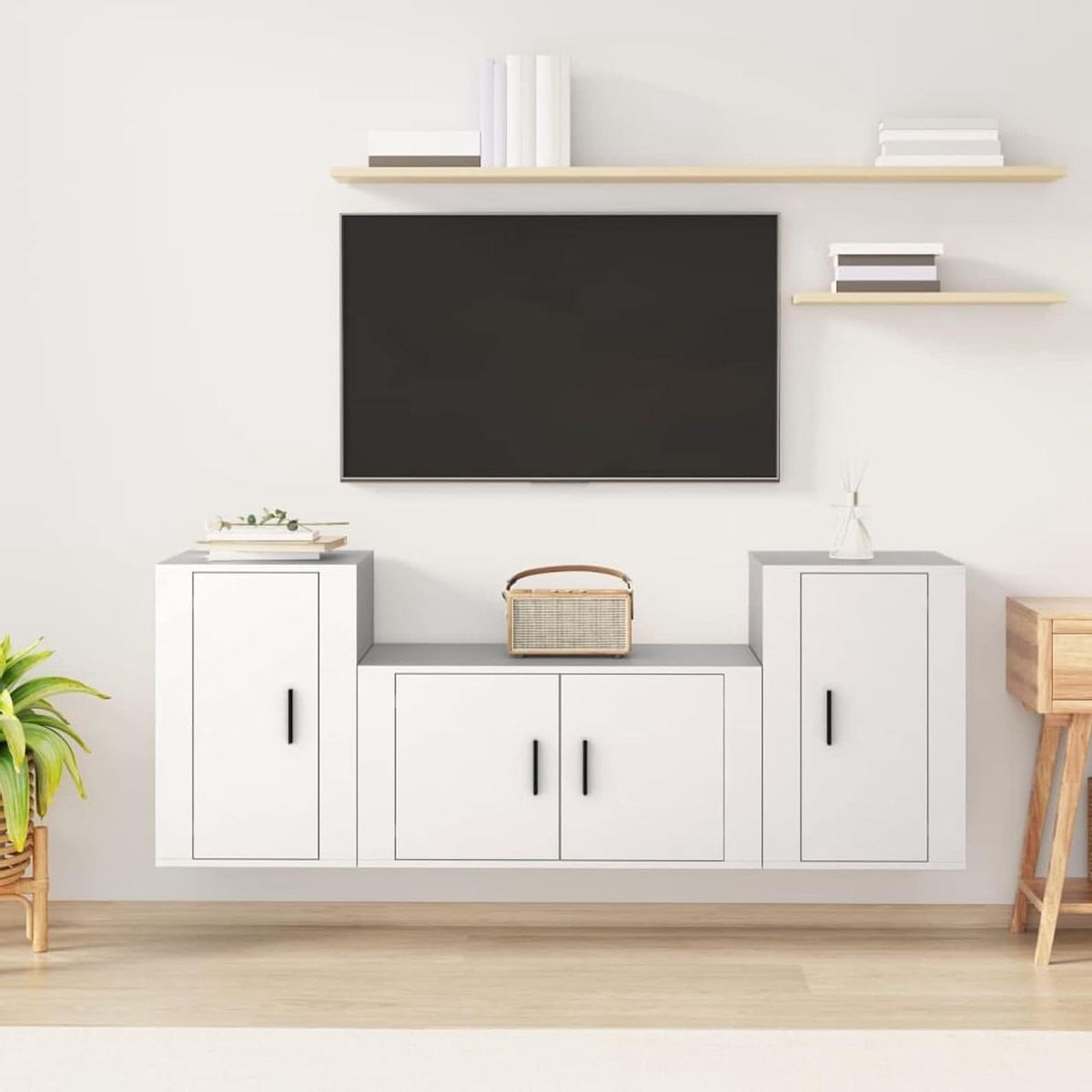 Tv-meubelset - Tv-kast met opbergrek - Woonkamer Inrichten - Wandmontage Ontwerp - 3-delig - Wit