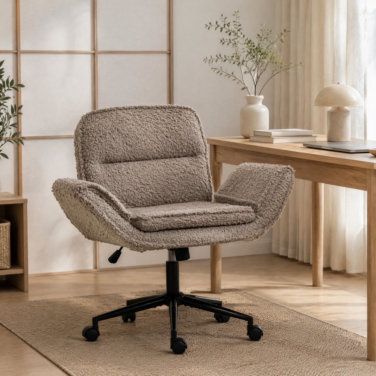 Wishdor Bureaustoel met verstelbare armleuningen en wielen - Draaibaar - Teddy fleece - Hoogteverstelbaar - Bruin - 103 cm