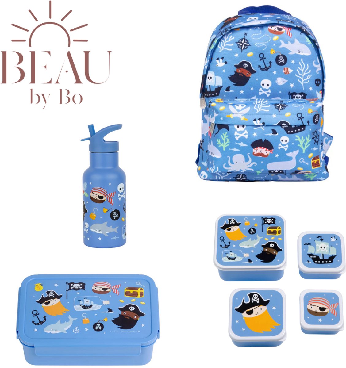 Bundel A Little Lovely Company Back to school set - Rugzak/Drinkfles RVS/4 Snackdozen/Bentobox - Piraten