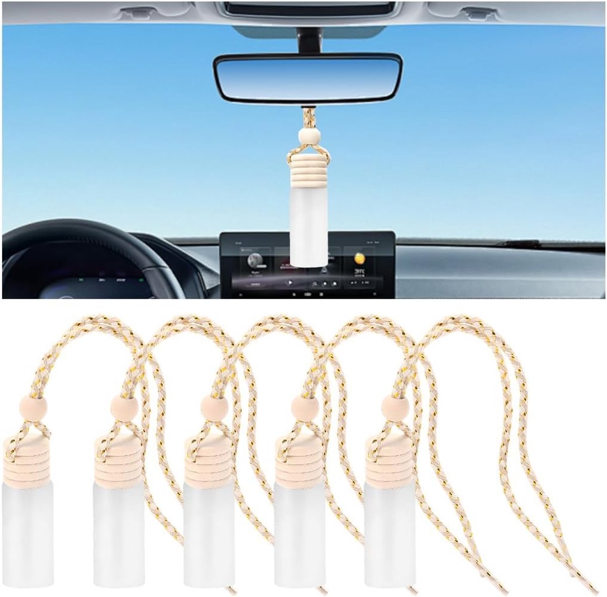 Set van 5 Auto Hangende Accessoires en Luchtverfrisser, Lege Flesjes voor Parfum en Geur, Auto Diffuser Flessen met Lanyard en Glazen Hangers voor een Frisse Auto Geur