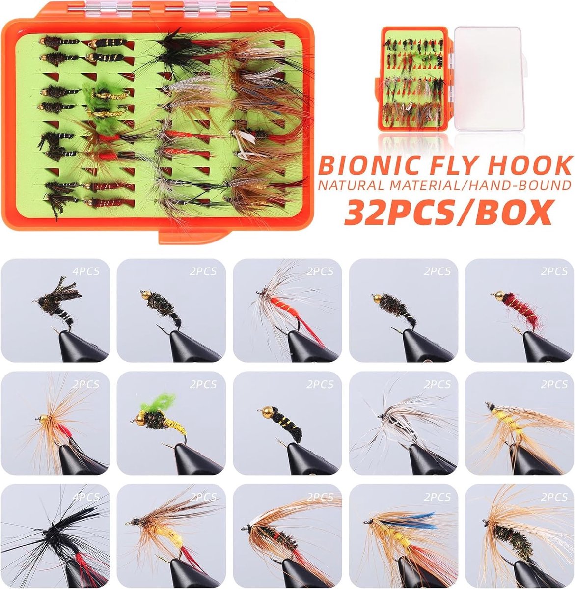 Vliegvisvliegenassortiment voor Forel en Baars - Gesimuleerde Vlieghaken met Doos en Diverse Patronen