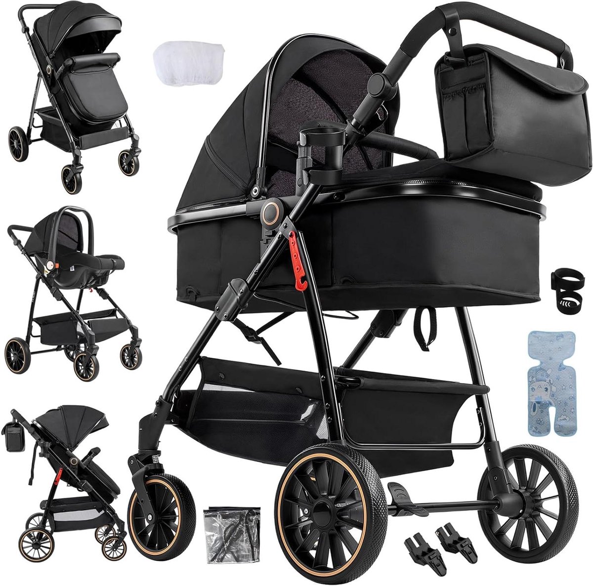 Baby Kinderwagen - Reiswieg Stoel - Veilig Vervoer - 3-in-1 Multifunctioneel - 84 x 58 x 100 cm - Zwart
