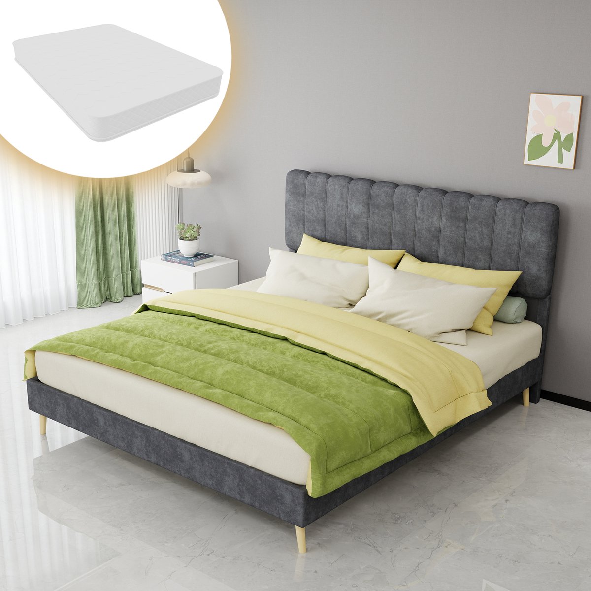 COVREO Bedframe 160x200 cm grijs stof, lattenbodem, matras inbegrepen