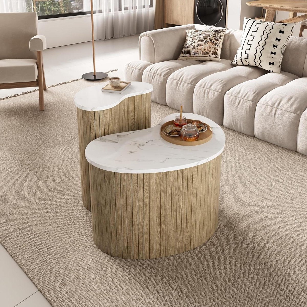 Salontafel set - Bijzettafels Woonkamertafel - Woonkamer inrichten - Marmer en houtnerf combinatie - 60x37x38+40x25x50cm - Wit en licht hout
