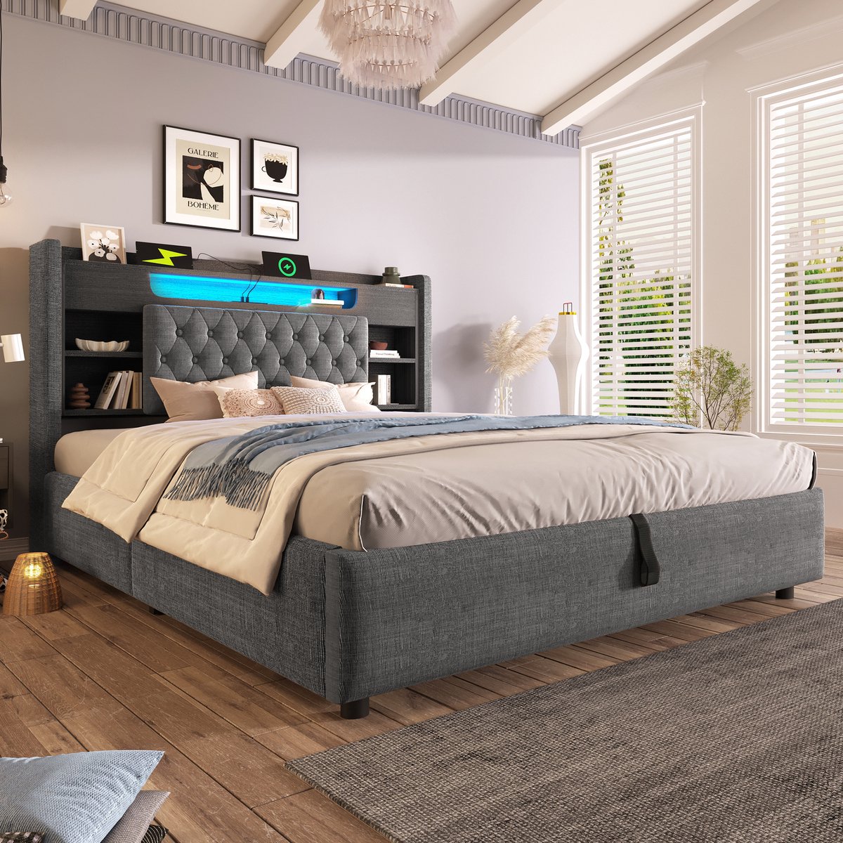 Wishdor Gestoffeerd bed 180x200 cm - hydraulische opbergruimte - led verlichting - usb en type-c - hoofdbord met plank - grijs