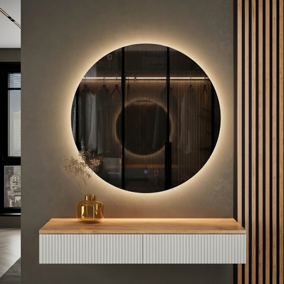 Planetmöbel AMYRA Wandconsole 100 cm – Goud Eiken/Wit – NOVA LED Spiegel 80 cm – Dimbaar – Touchbediening