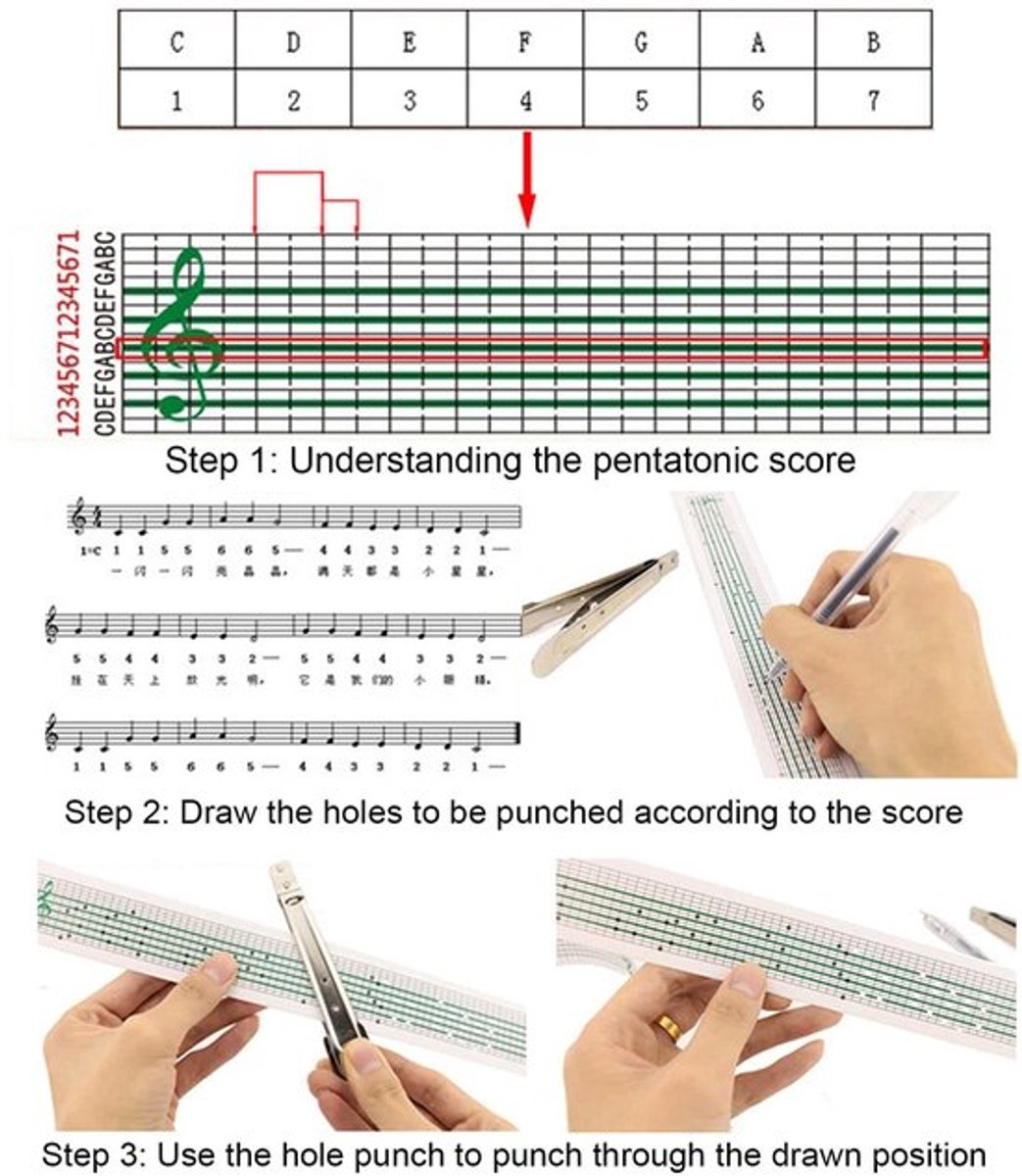 Muziekbandperforator Sterk en duurzaam - Doe-het-zelf-accessoires - Geschikt voor 15/30 notities - Eenvoudig te gebruiken - Maak zelf muziekmelodieën - Handmatig papierband. - Papierperforator