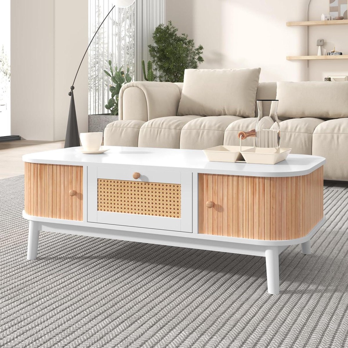 Salontafel Rotan - Koffietafel Hout - Woonkamer Inrichten - Handgemaakte Houten Deuren - 110x55x385 cm - Wit Houtkleur