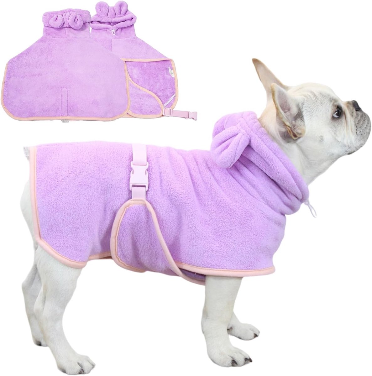 Absorberende Dierenbadjas voor Honden en Katten met Capuchon, Verstelbare Kraag en Buikband voor Zwemmen en Strand (Paars, XS)
