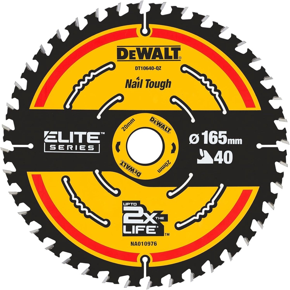Elite cirkelzaagblad DT10640 (zaagblad-ø 165 - 20 mm - snijbreedte: 1 - 65 mm - 40 tanden - tandgeometrie: WZ - tandhoek: 18° - ultrascherpe hardmetalen tanden - met Nail Tough - voor fijne sneden)