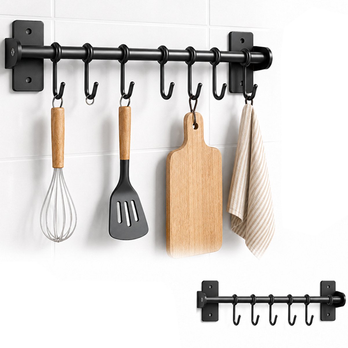 Bobypet - Keukengerei rek - Ophangstang met 6 verplaatsbare haken - 40 cm breed - Ruimtebesparende organizer voor kookgerei - Hangend keukenrek - Zonder keukengerei - Zwart