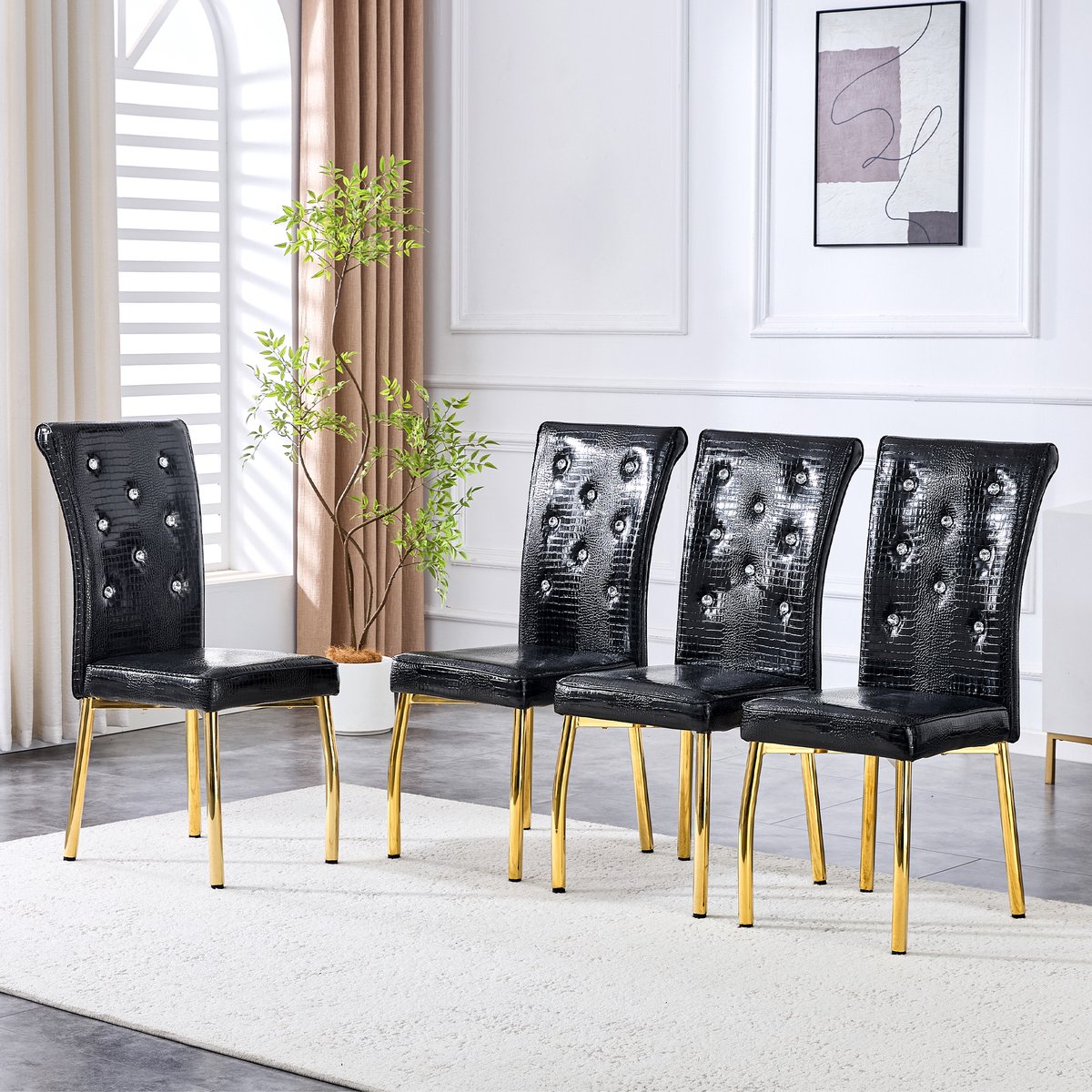MIVRAY Eetkamerstoel Set Van 4 - Retro Hoog Model Met Kristalknoopdetails - Voor Eetkamer, Keuken En Horeca - Kunstleer - Zwart En Goud