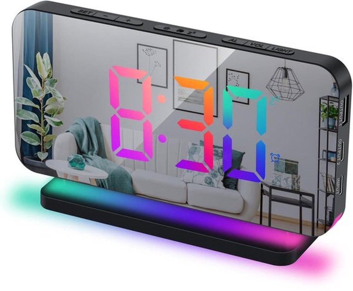 Digitale Wekker met Spiegel - LED Scherm - RGB Nachtlampje - USB-poort - 6-niveau Helderheid - Schokbestendig - Model Q-AE25