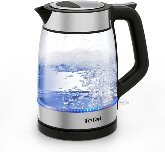 Tefal glazen waterkoker met zwart handvat en RVS accenten. Het water kookt met blauwe LED-verlichting.