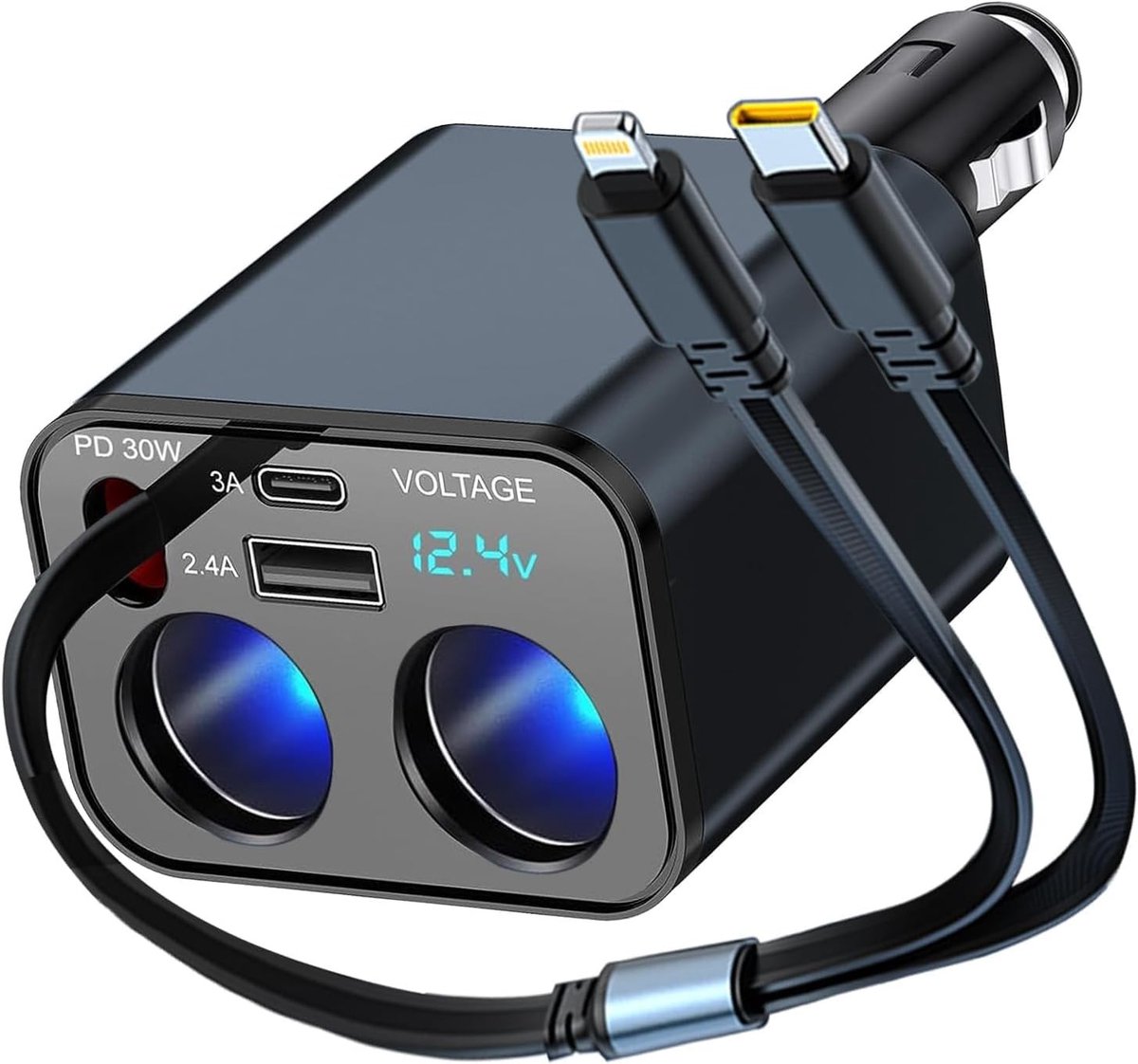 Autolader met dubbele sigarettenaansteker en USB-poorten - Zwart - 159 W - Intrekbaar en Ruimtebesparend - Voor Auto's en Vrachtwagens