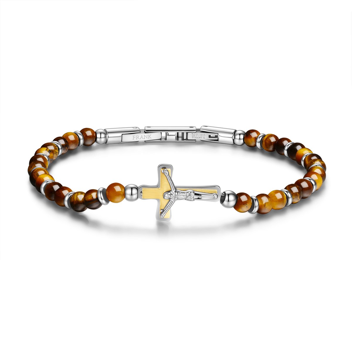 Frank 1967 7FB-0869 – Heren Armband – Natuurstenen Armband – Geel Tijgeroog – Kruis – 21 cm – Cadeau voor Mannen
