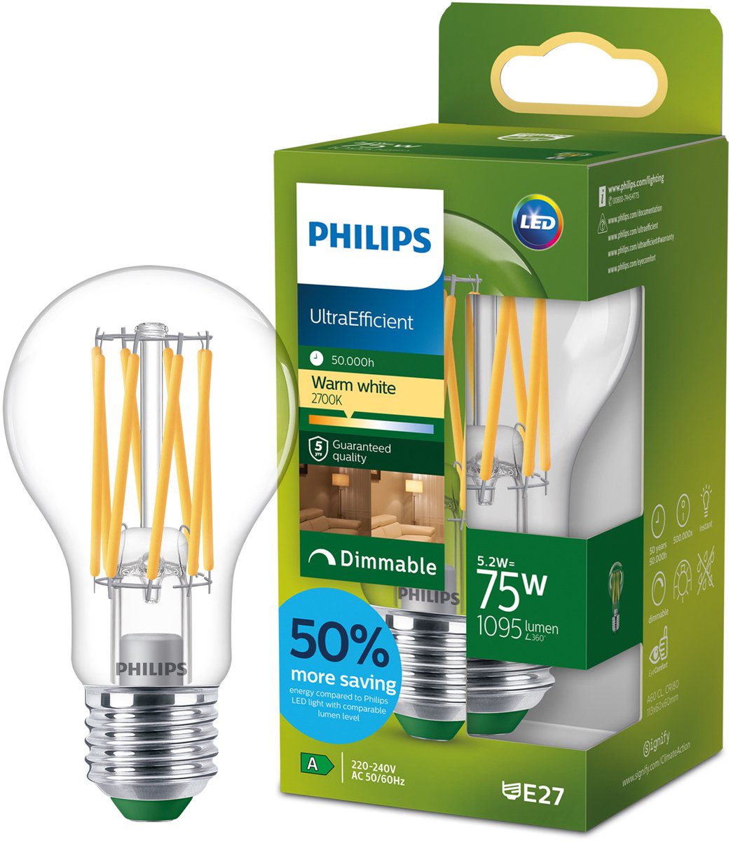 Philips LED Philips ultraefficient led lamp - 60w - e27 fitting - warmwit licht: 2700k - mat glas - p45 kogellamp - lange levensduur
