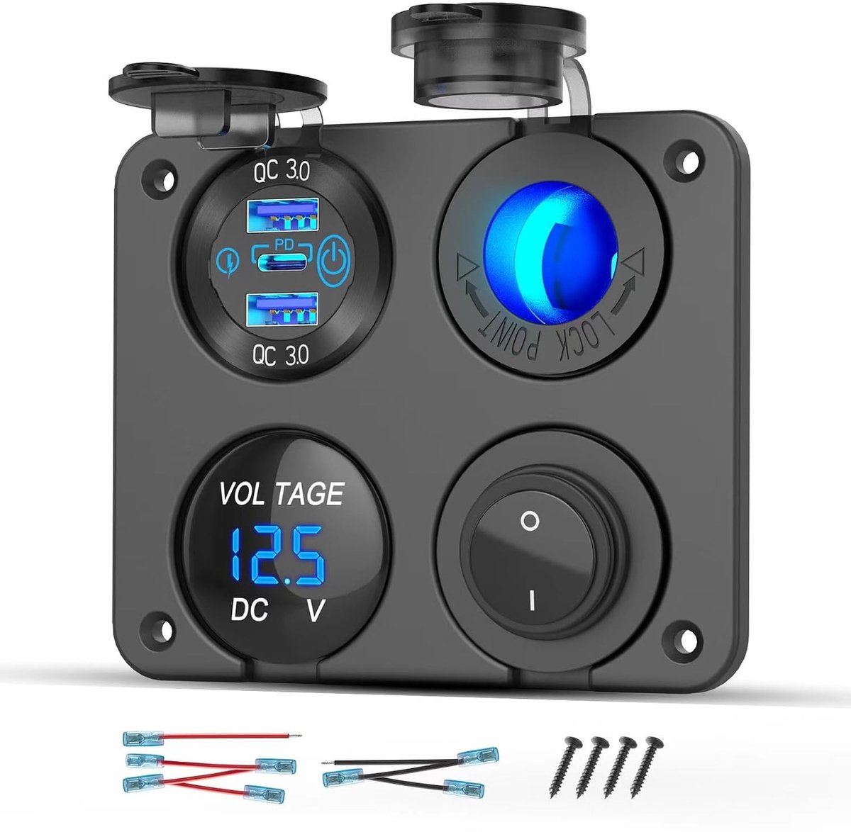 USB Oplaadpaneel - Zwart - 12V - Aluminium met 3 USB-poorten en Sigarettenaansteker - Voor Campers en Marine