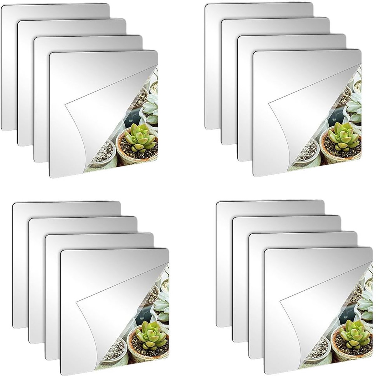 Set van 16 Zelfklevende Acryl Spiegels 10x10cm met Afgeronde Hoeken