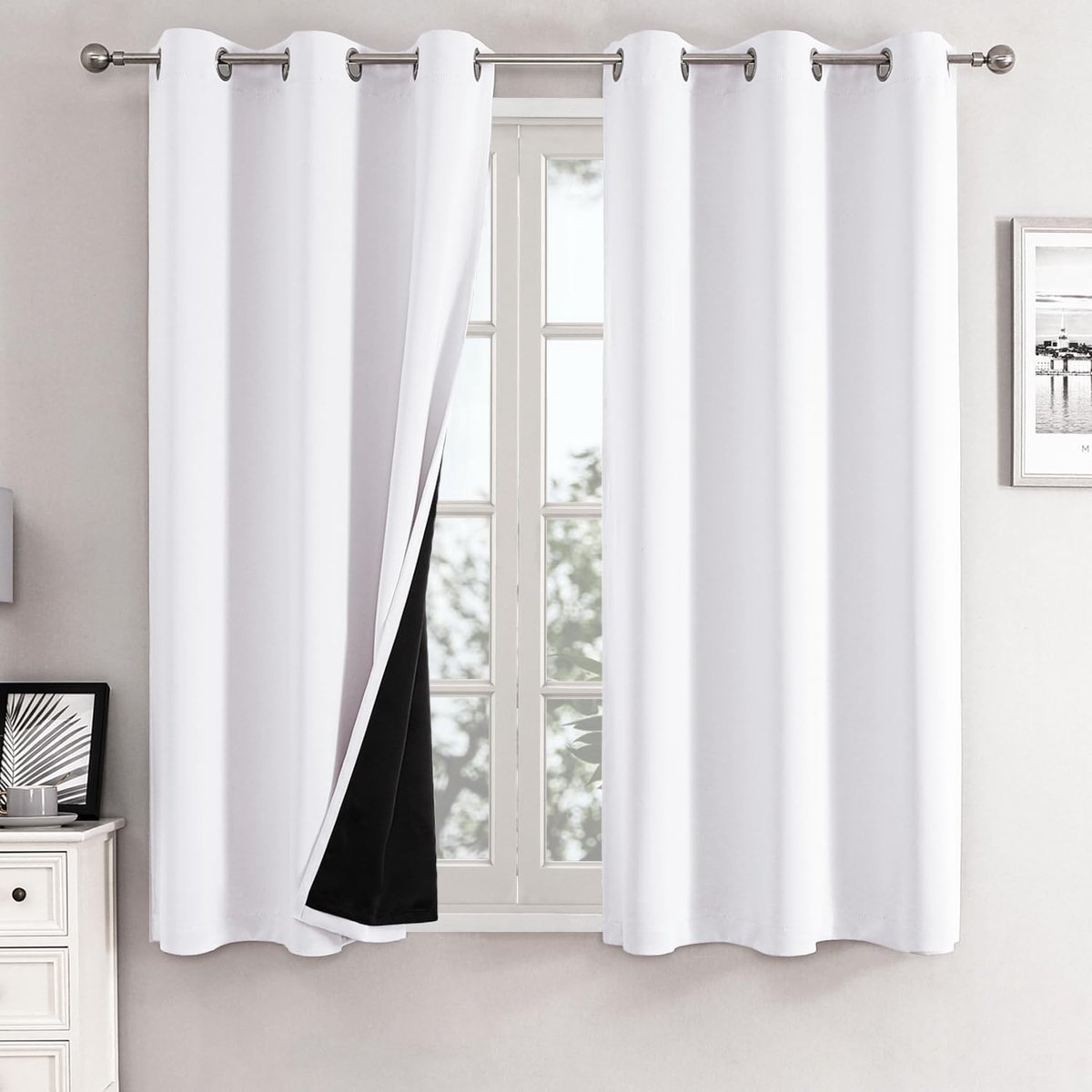 KZQ 100% verduisterende gordijnen (2 stuks), wit, 107x160cm, met rasterophanging, isolerend, geschikt voor slaapkamers en woonkamers.