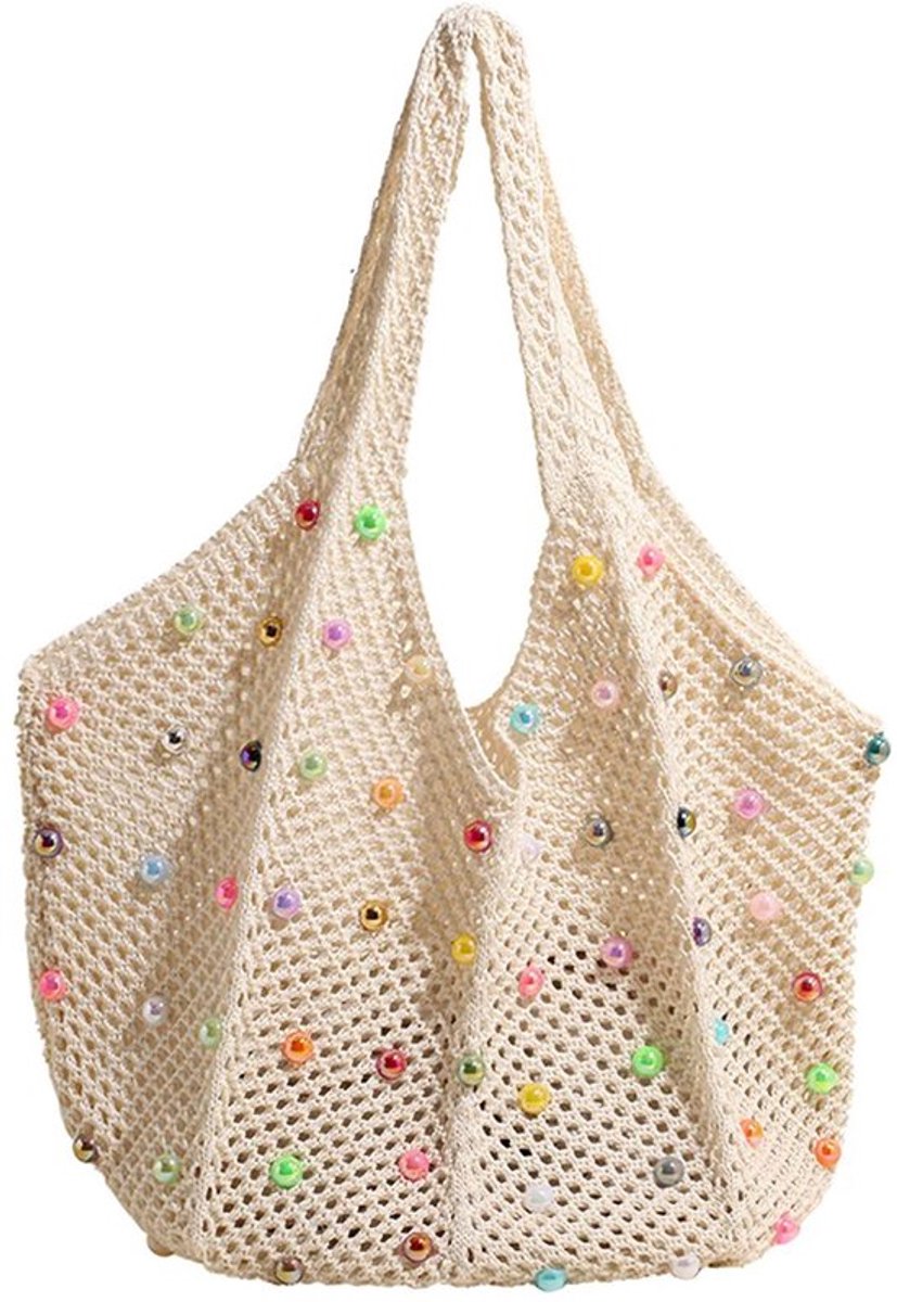 Strandtas XXL - Gehaakte Strandtas met Kralen - Opvouwbaar - Duurzaam - Modieus Zomeraccessoire - Lichtgewicht Materiaal - Boho Tas
