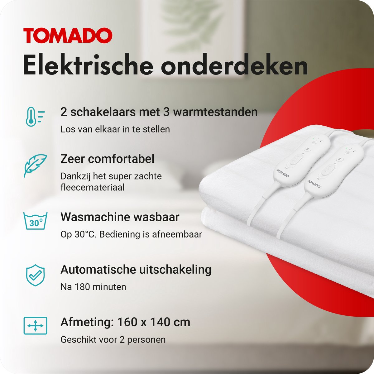 Tomado TEB2505W - Elektrische deken 2 persoons - Warmtedeken - 160 x 140 cm - Onderdeken - 2 schakelaars met 3 warmtestanden – foto 2