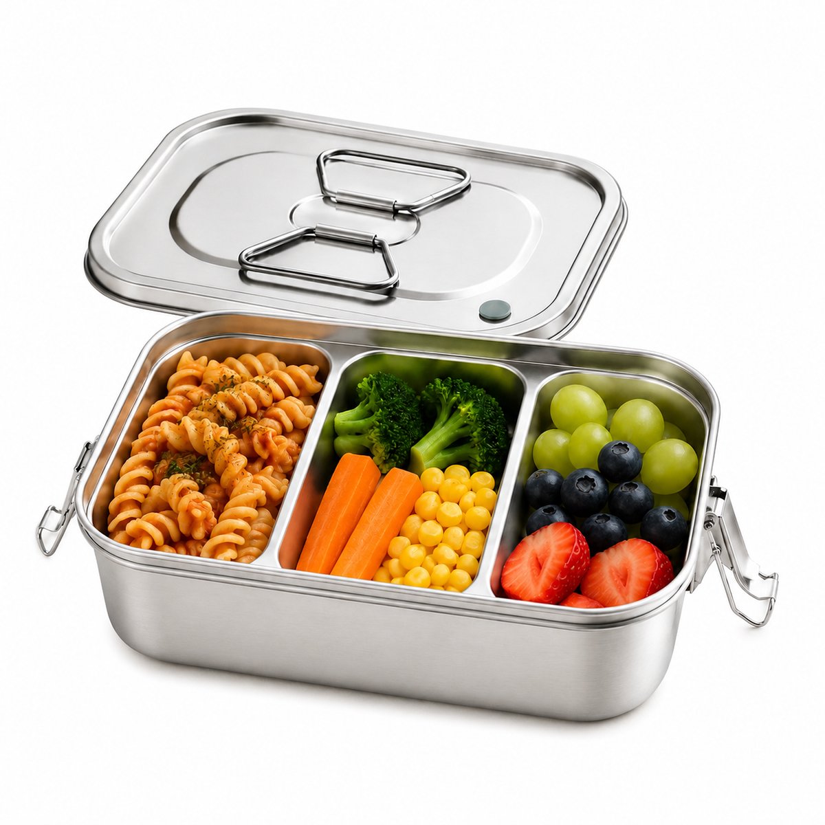 RVS Lunchbox-1500ml Dubbele Laag Broodtrommel met 3 Vakken-Lekvrije Voedselopbergdoos van 304 RVS met Bestek-Zilver