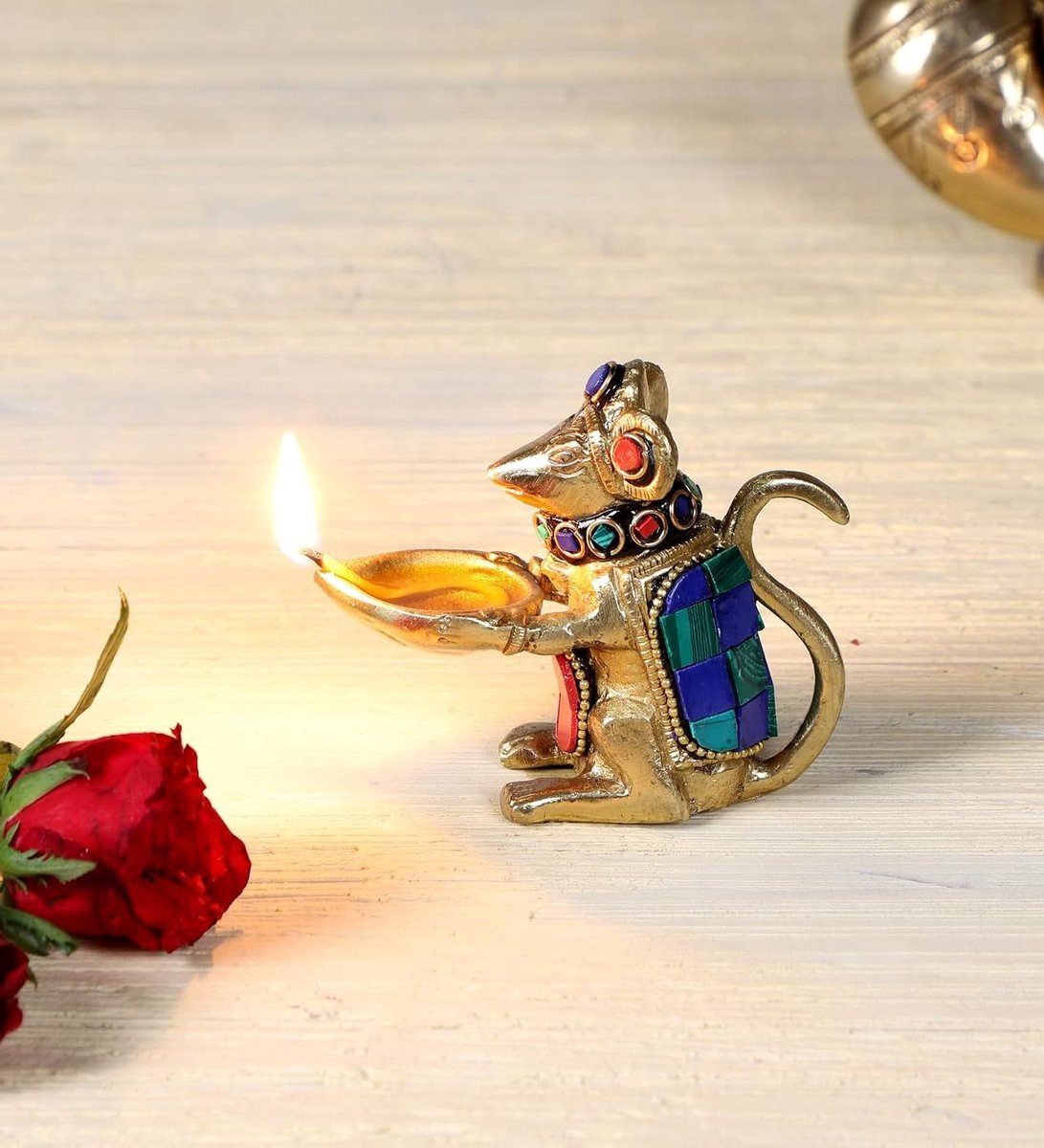 Ganesha muis olielamp - Messing diya - Huis decoratie - Gemaakt van messing - 4 x 9 x 6.2 cm