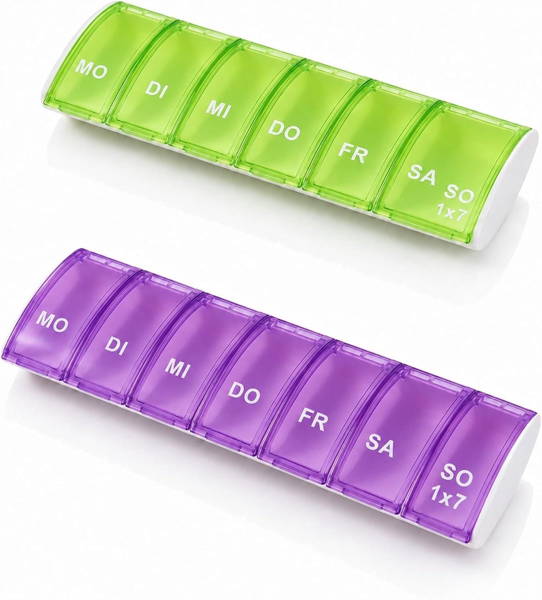 Pillendoosjes voor 7 dagen - Compact medicijndoosje voor vitamines, voedingssupplementen en medicijnen, BPA-vrij en gemakkelijk te openen (2 stuks, groen en paars)