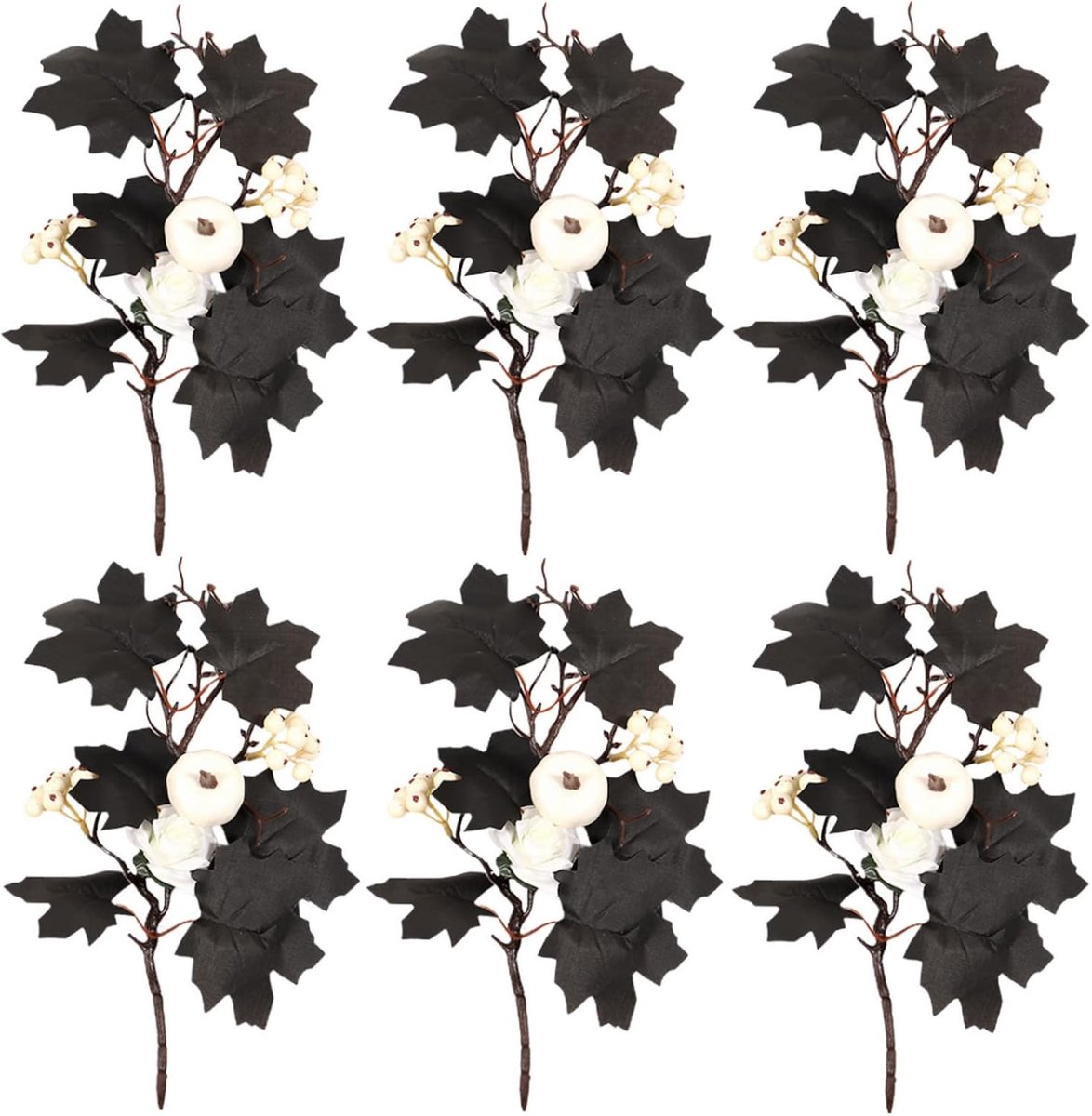 Set van 6 kunstmatige esdoornbladeren - ca. 30 cm - Versierd met zwarte esdoornbladeren, pompoenen en bessen - Perfect voor herfstvaasdecoratie, Halloween, Thanksgiving, binnen en buiten