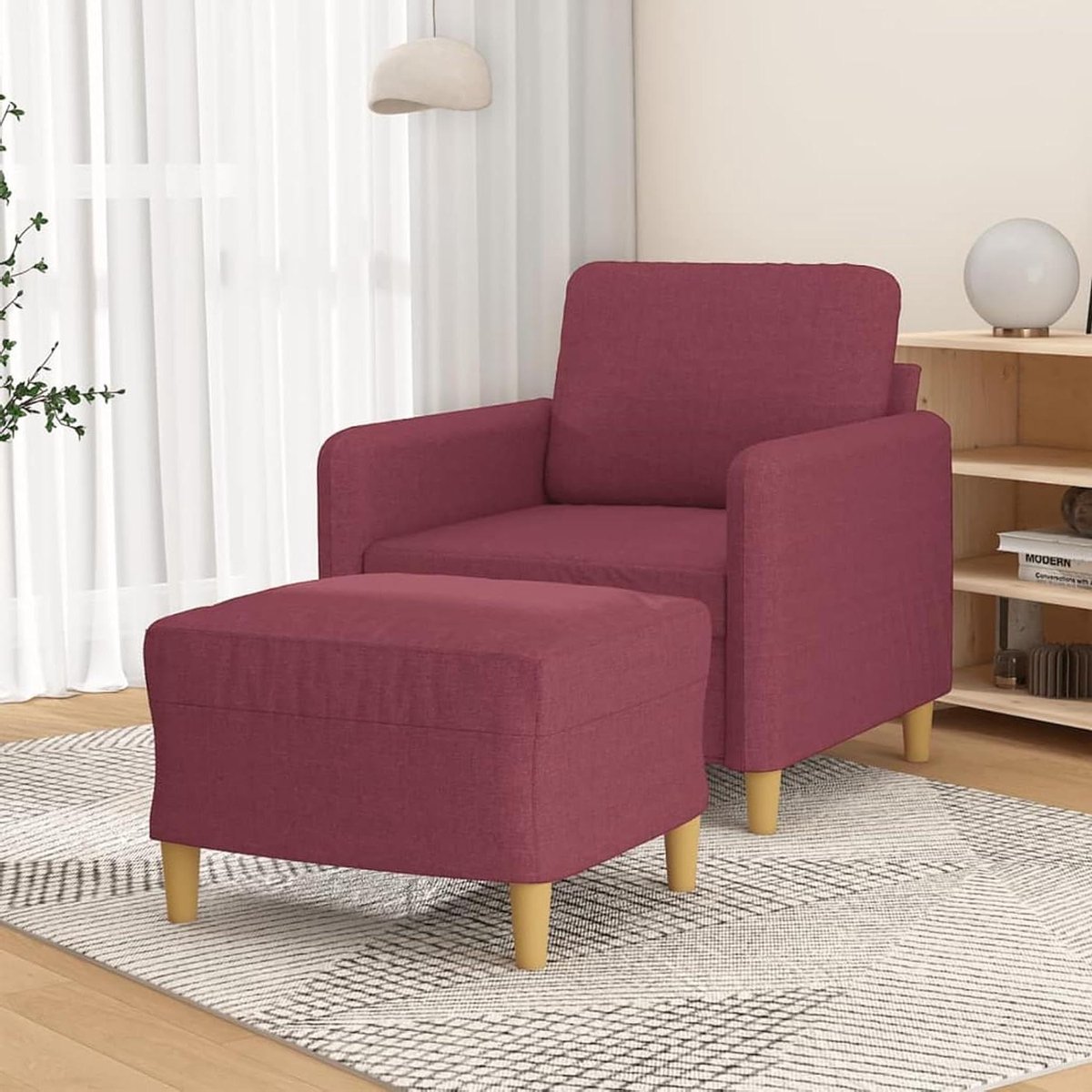 Fauteuil met kruk - Leesstoel relaxfauteuil - Ontspannen zitten - Stevig frame - 60 cm zitbreedte - Wijnrood