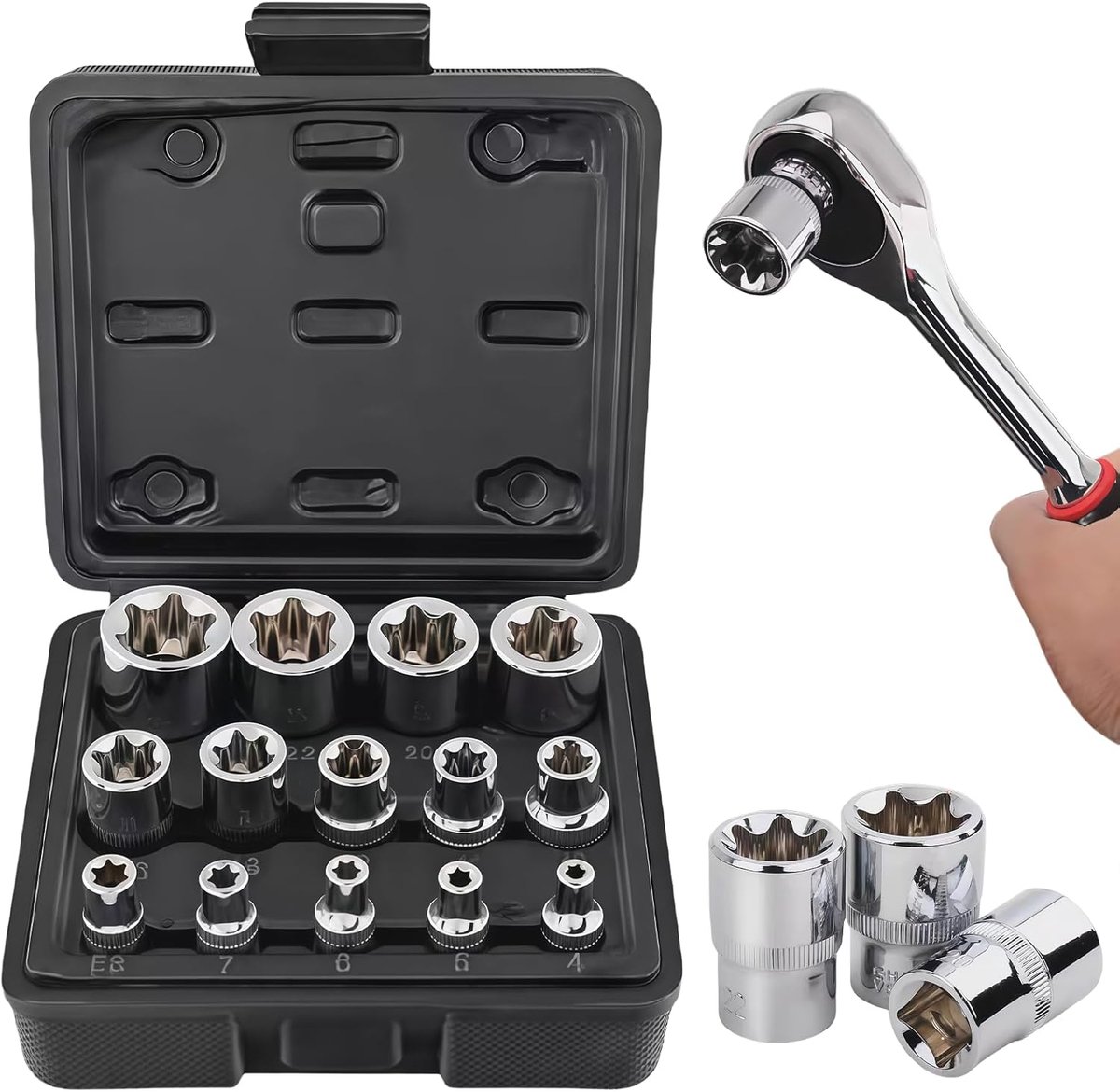 14-delige buiten-torx-steeksleutelset 1/2 inch, 1/4 inch, 3/8 inch, Torx E doppen E4-E24 van CR-V, schroefverwijderset, moerverwijderaarset, spiraalprofiel, moerextractor