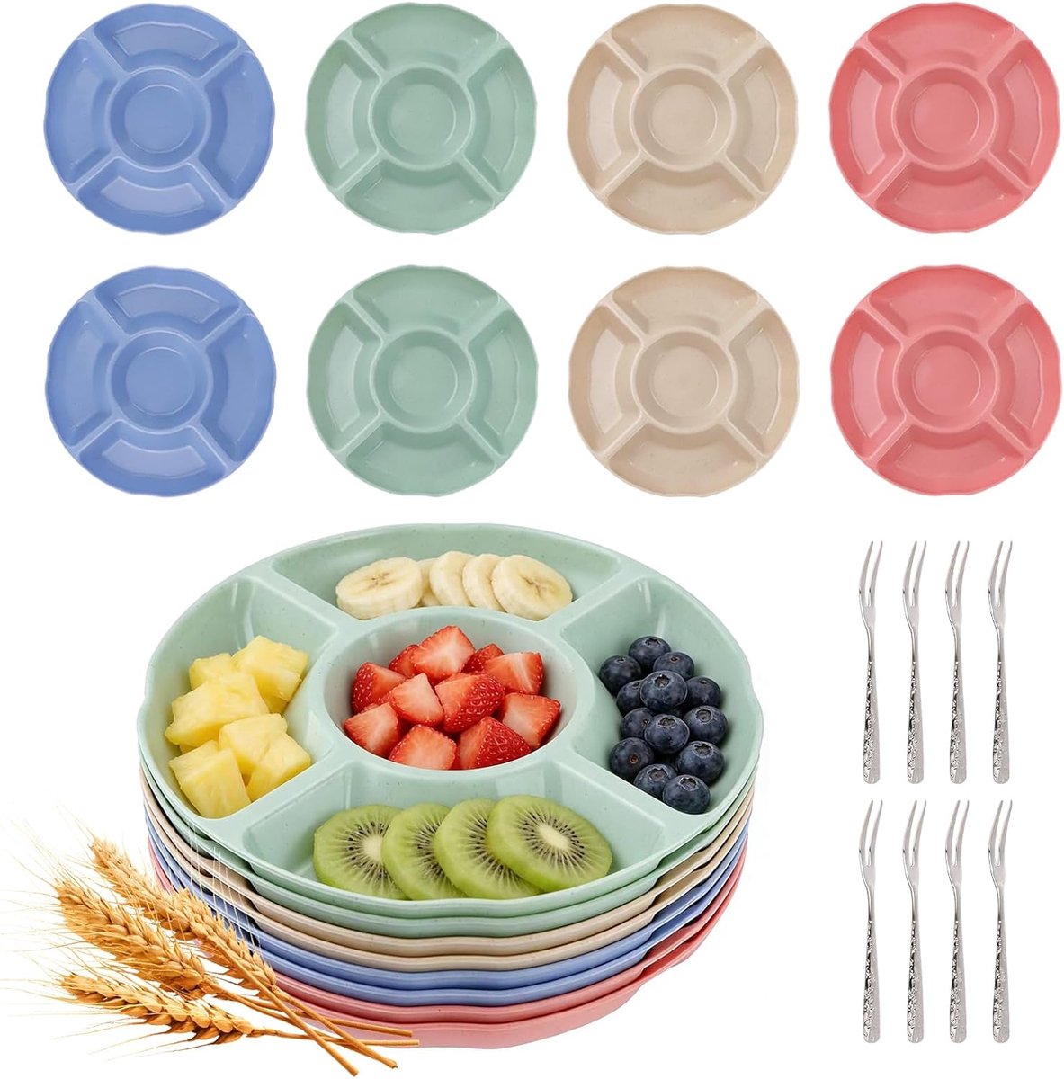 8 Stuks Snackborden met Vakken | Herbruikbare Snackschaal met Fruitvorken, Kunststof Fruitborden, Vaatwasmachinebestendig, Plastic Borden Voor Noten