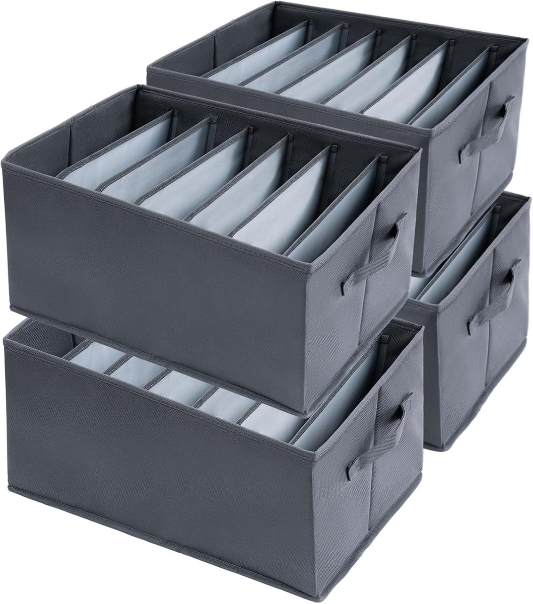Kledingkast, 4 stuks, goede hulp, kledingorganizer met 7 vakken, voor jeans, T-shirt, sjaal met handvat en bodemplaat, 43 x 30 x 25 cm