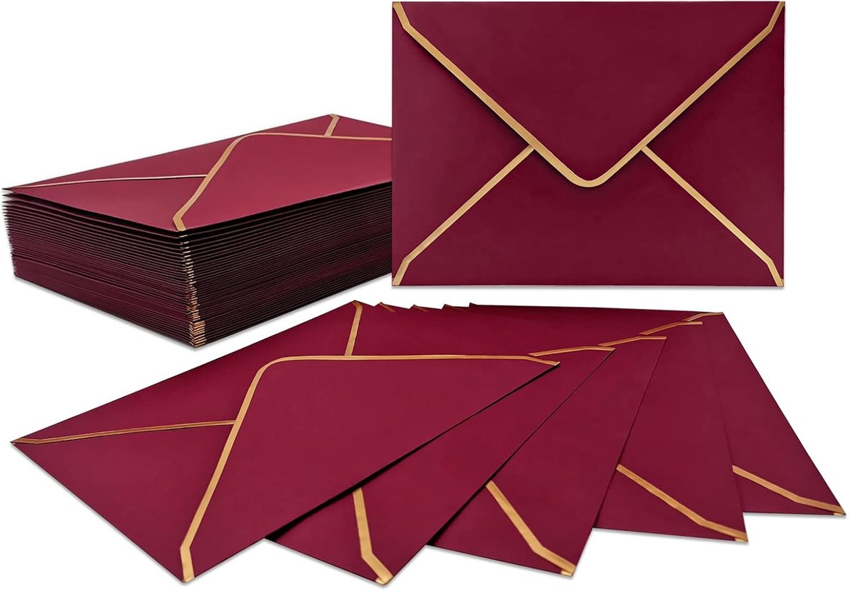 50 stuks uitnodigingsenveloppen, A7-formaat, rode enveloppen 13,5 x 18,5 cm, 5 x 7 enveloppen, snel afsluitbare enveloppen met goudkleurige rand